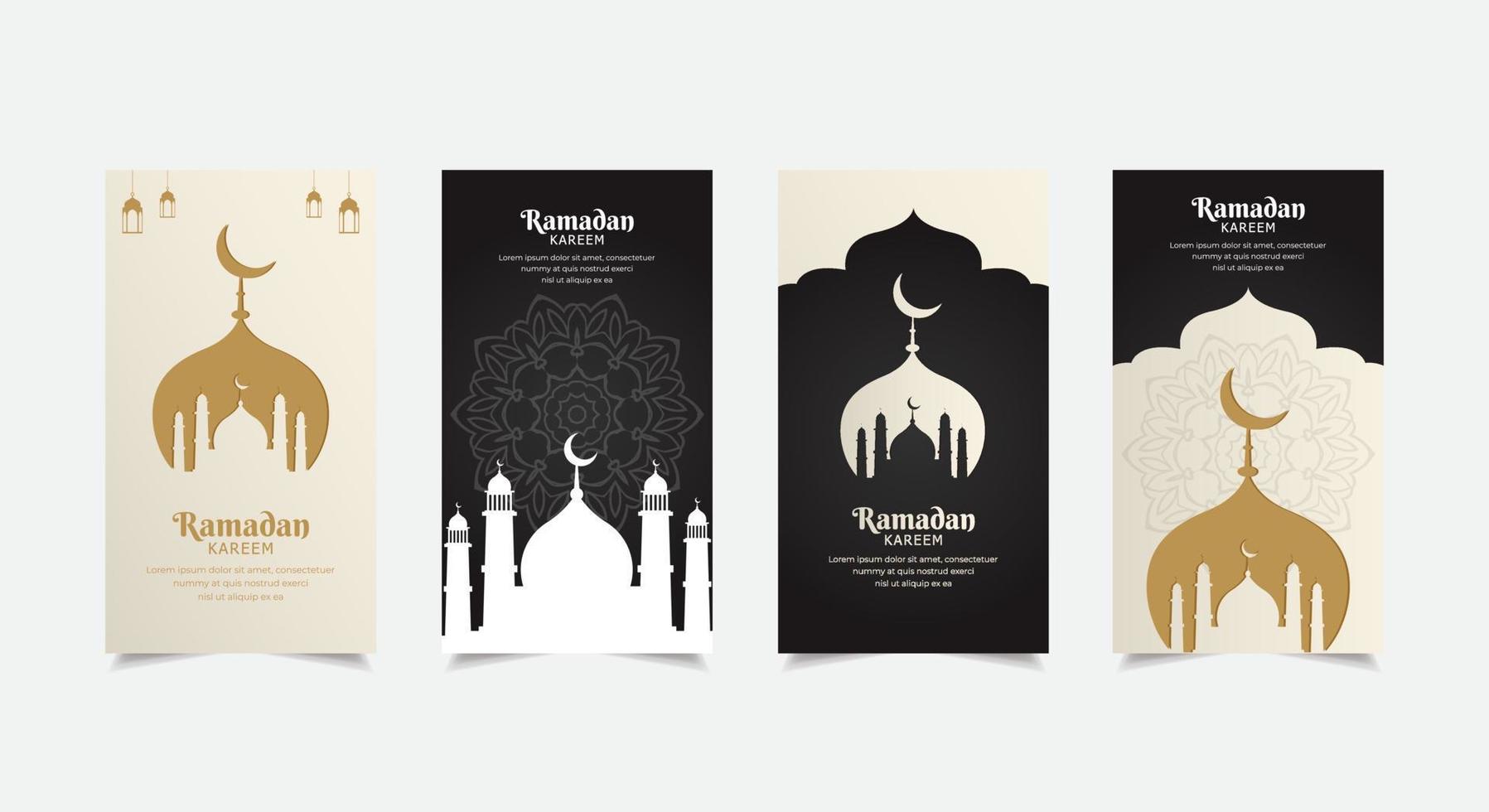 zwart-wit ramadhan kareem design verhalen collectie. ramadhan kareem sjabloonverhalen geschikt voor promotie, marketing enz. elegante ramadan kareem-achtergrond met halve maan en moskee vector