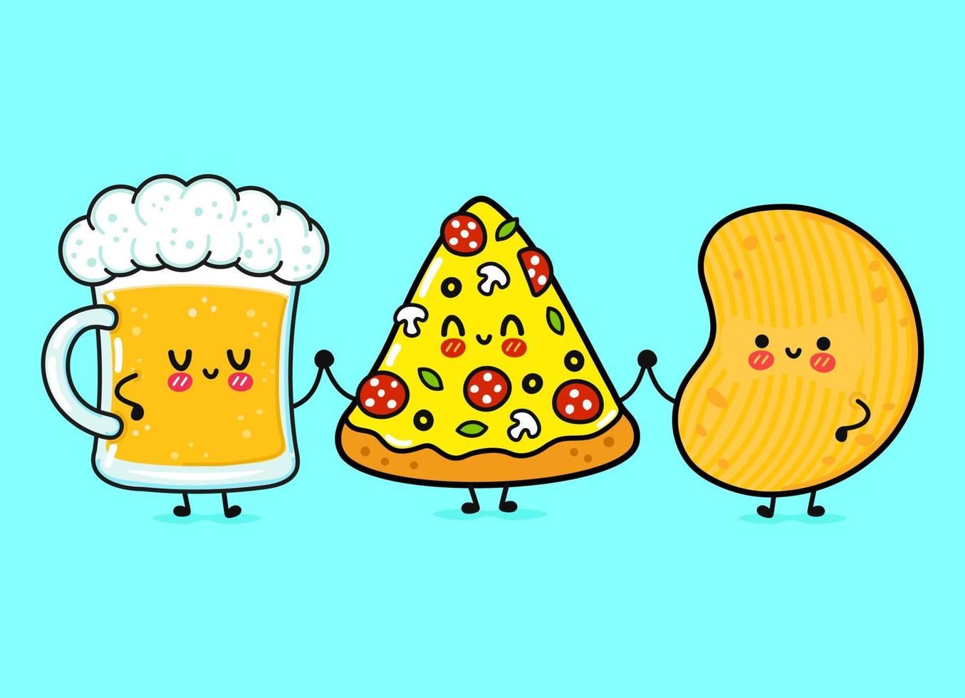 schattig, grappig vrolijk glas bier, pizza en chips. vector hand getekend kawaii stripfiguren, illustratie pictogram. grappige cartoon glas bier, pizza en chips mascotte vrienden concept