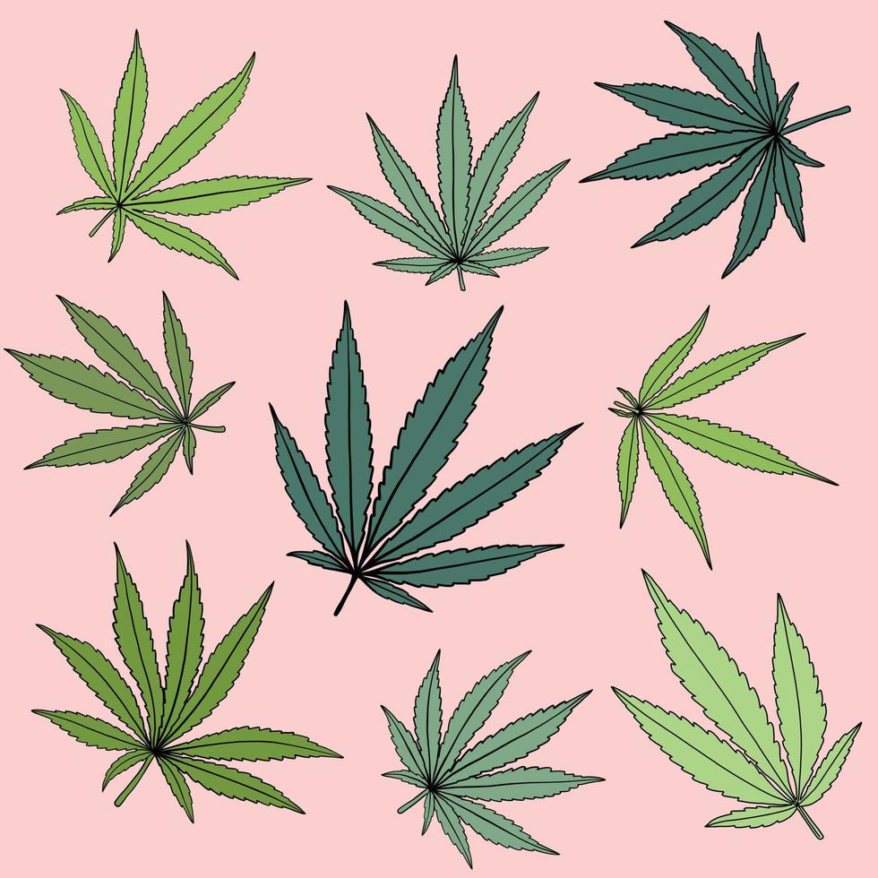 eenvoud cannabisblad uit de vrije hand tekenen platte ontwerpcollectie. vector