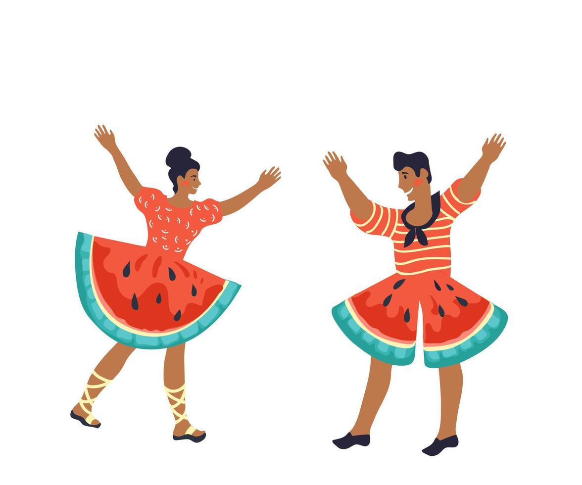 gelukkige watermeloen dag stripfiguren van mensen gekleed in watermeloen kostuums de platte vectorillustratie geïsoleerd op een witte achtergrond. zomerkaart of banner ontwerpelement. vector