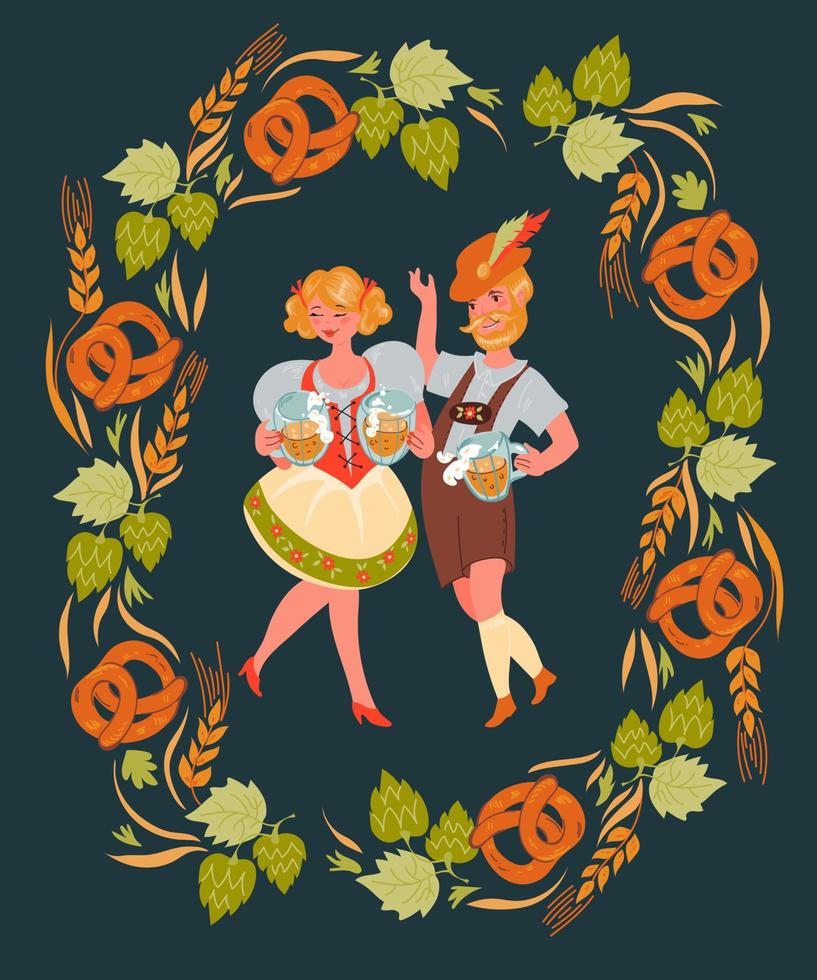 mensen in Duits kostuum met oktoberfest bierpullen, platte vectorillustratie. oktoberfest poster of banner ontwerp. vector