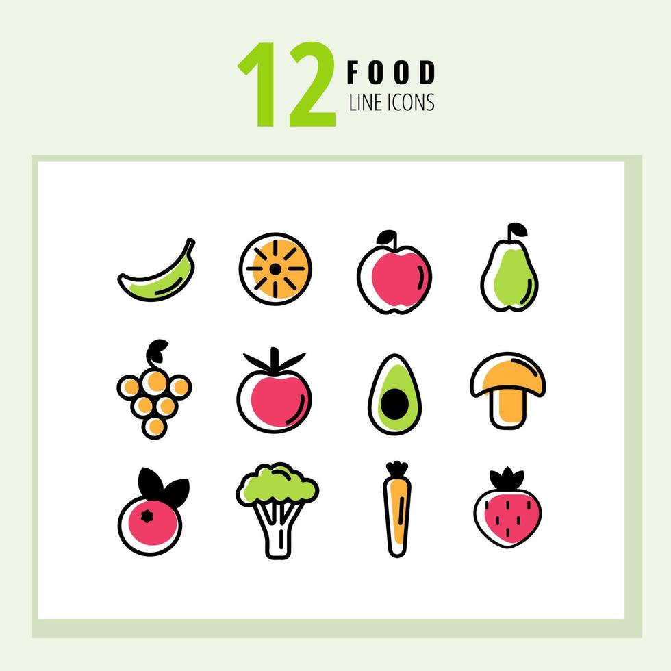 12 trendy gekleurde pictogrammen voor gezonde voeding. omtrek-, lijn- en streekstijl kunnen worden gebruikt voor web, mobiel, app en de meest moderne projecten vector