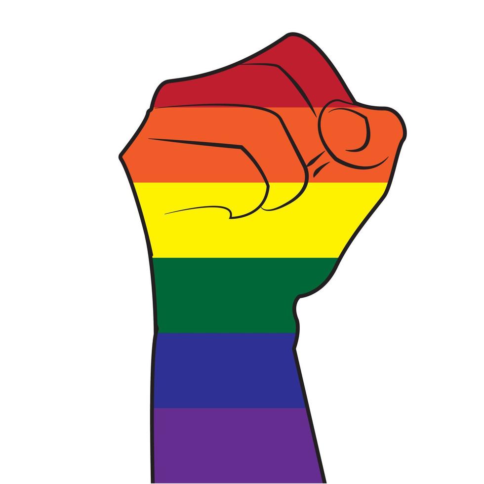 regenboogkleurige handen met opgeheven vuisten. Gay Pride. lhbt-concept. kleurrijke illustratie. sticker, plakken, t-shirt zeefdruk, logo-ontwerp. vector