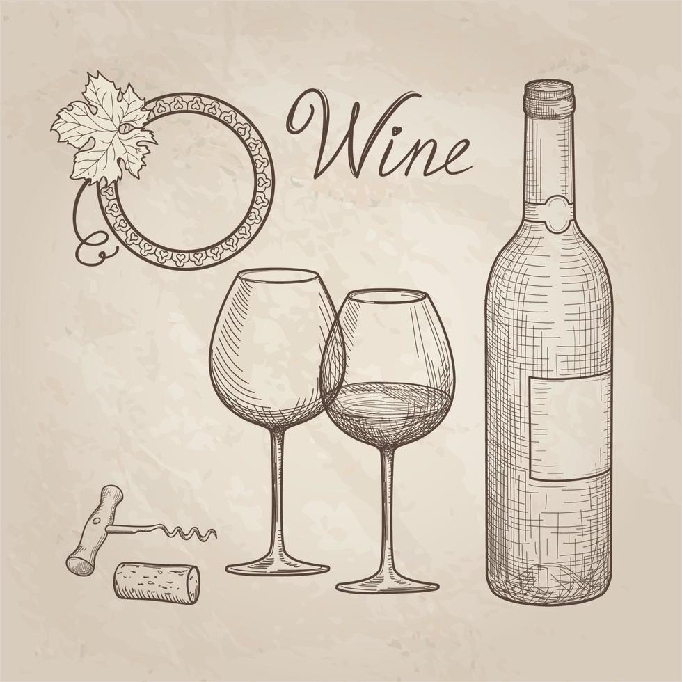 wijnset drinken. café bar menubanner. wijnglas, fles, belettering. wijnkaart achtergrond vector