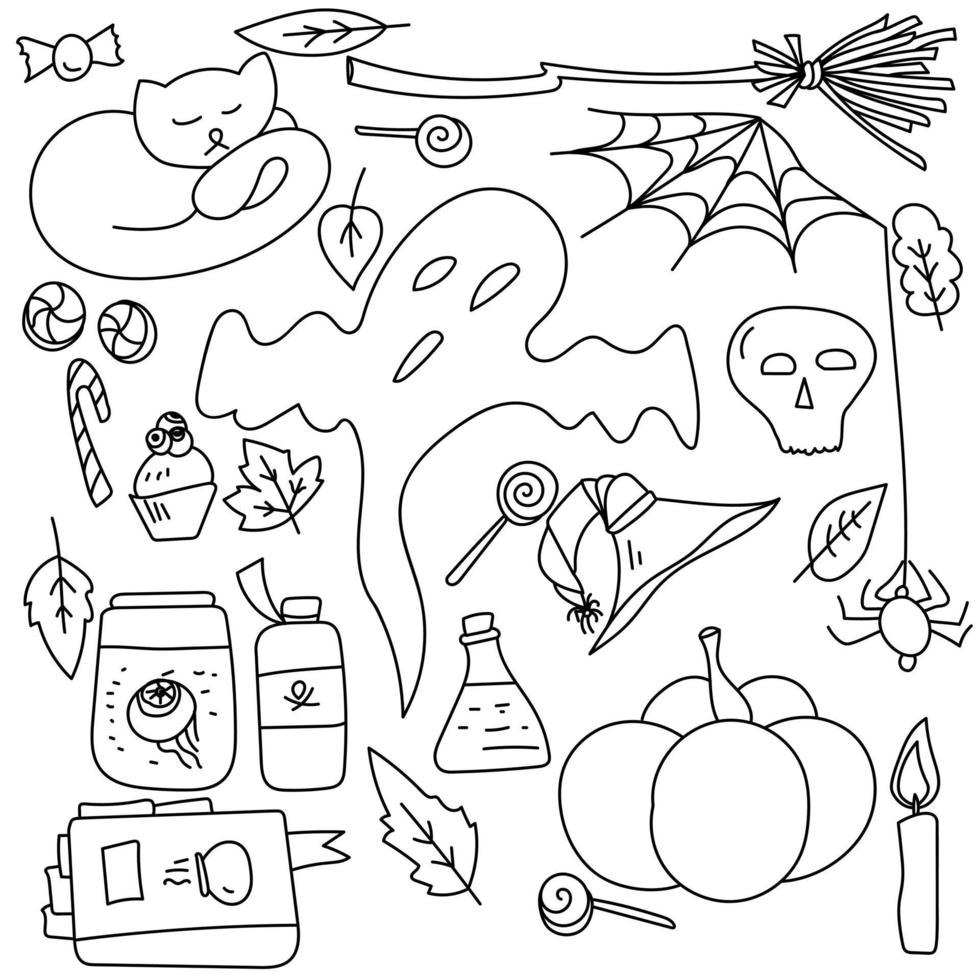 set schets doodles voor halloween, symbolische feestelijke items en karakters vector