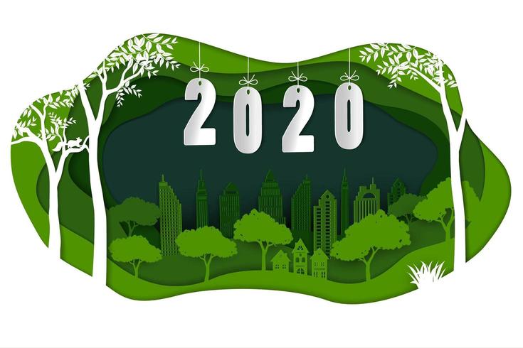 Gelukkig nieuw jaar 2020 op papier kunst groene achtergrond vector