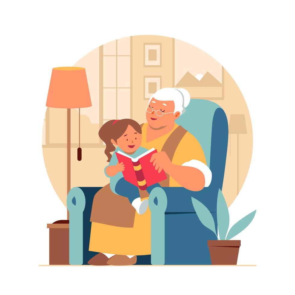 grootouder met kleindochter die een boek leest vector