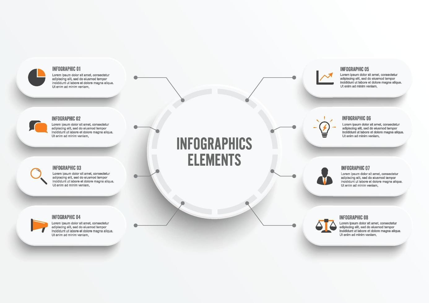 vector infographic sjabloon met 3D-papieren label, geïntegreerde kringen. bedrijfsconcept met 8 opties. voor inhoud, diagram, stroomdiagram, stappen, onderdelen, tijdlijninfographics, workflow, grafiek.