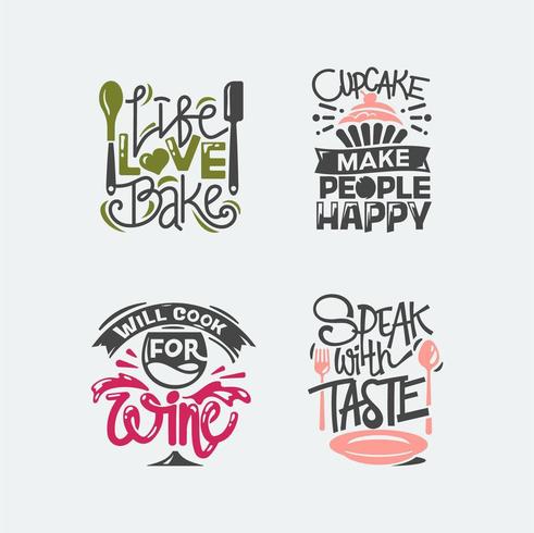 Set van koken citaten label, typografie en belettering vector