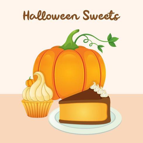 De zoete pompoen van Halloween met cake en cupcake vector