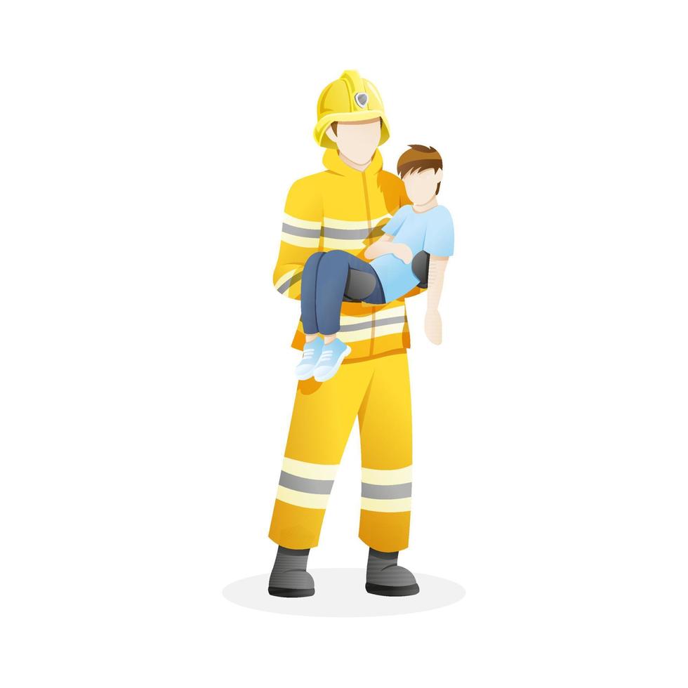 vectorillustratie mannelijke brandweerman redt jongen van vuur vector