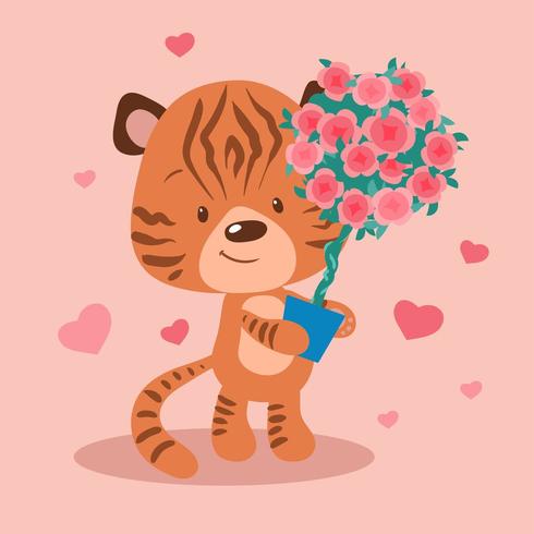 Cartoon tijger met een topiary in een pot met rozen vector