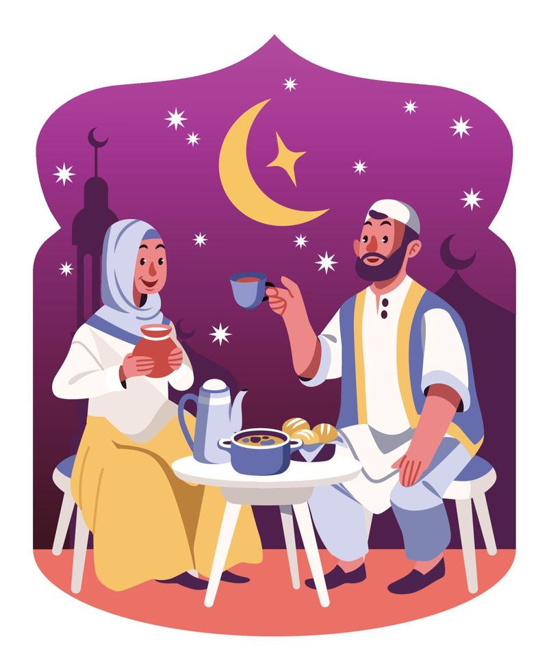 een man en een vrouw die het vasten verbreken in de maand ramadhan vector