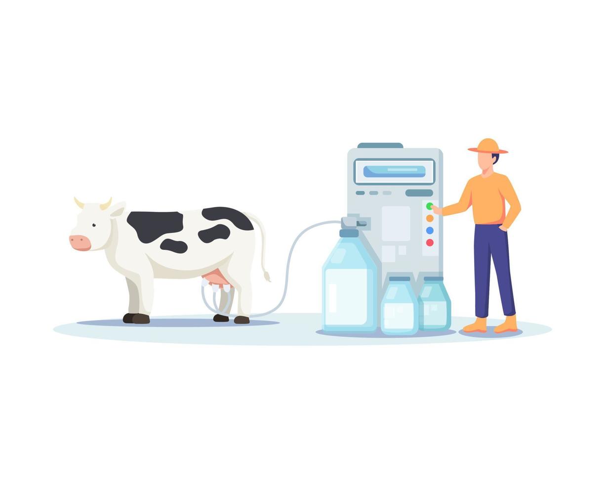 illustratie van een boer die een koe melkt vector