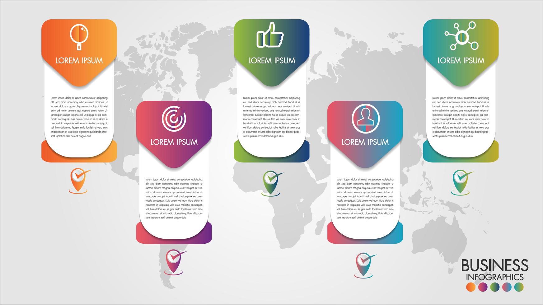 Wereldkaart zakelijke infographics 5 banner stap opties vector