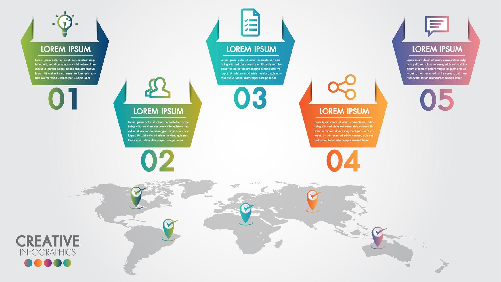 Wereldkaart zakelijke infographics 5 stap opties vector