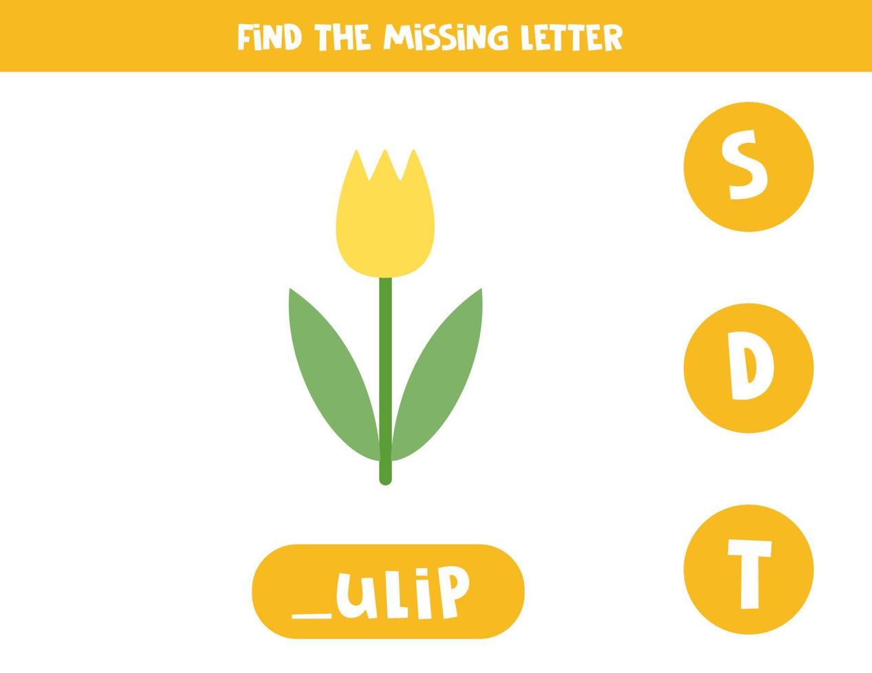 zoek ontbrekende letter met tulp. werkblad spelling. vector
