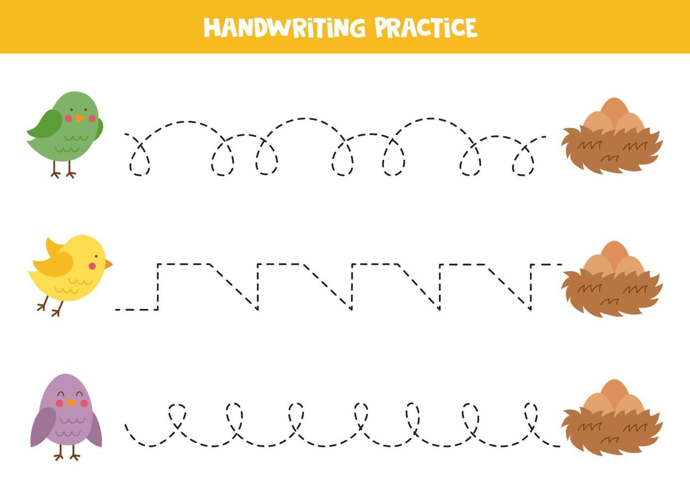 traceerlijnen voor kinderen. schattige vogels die naar nesten vliegen. Schrijf oefening. vector