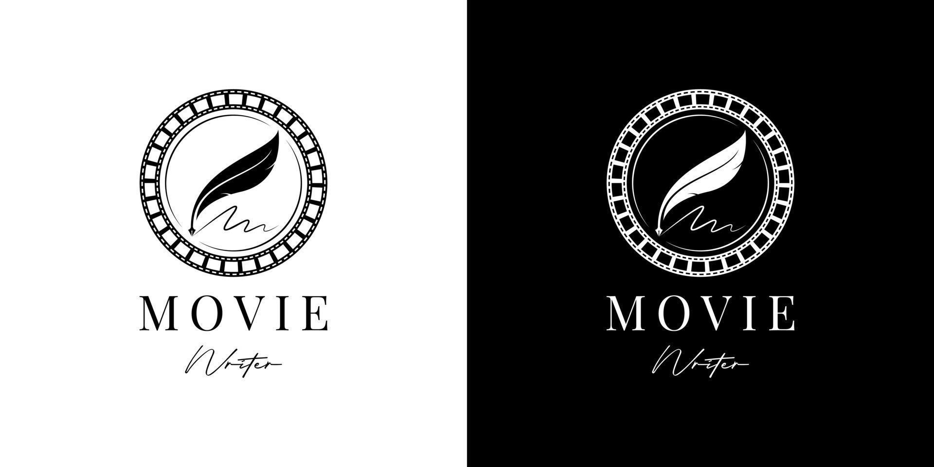 filmschrijver bioscoopfilmproductie met filmstrip en ganzenveer pen logo-ontwerp vector