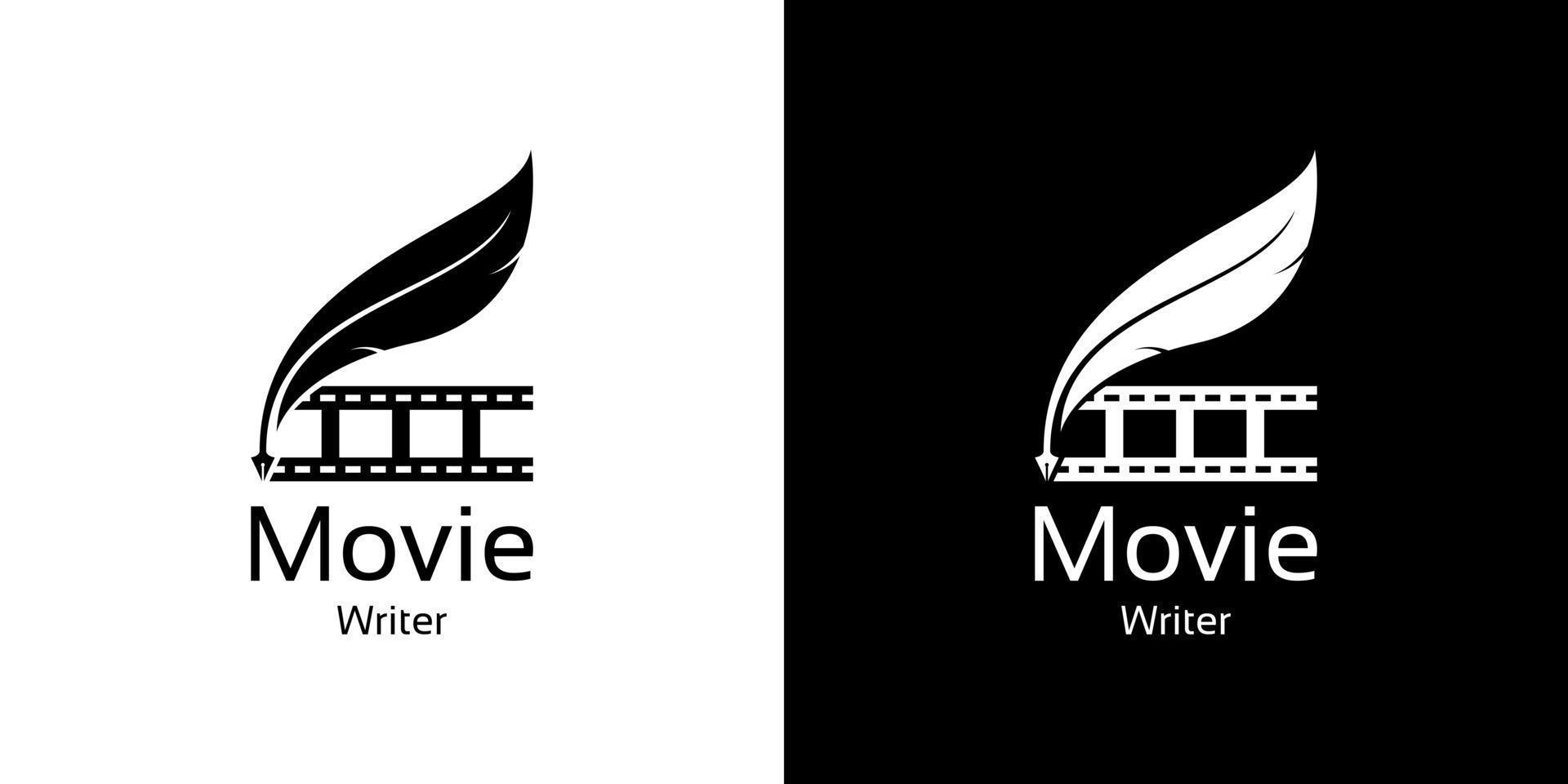 filmschrijver bioscoopfilmproductie met filmstrip en ganzenveer pen logo-ontwerp vector