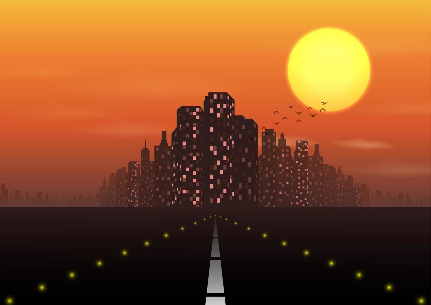 weg naar de stad bij zonsondergang achtergrond vector