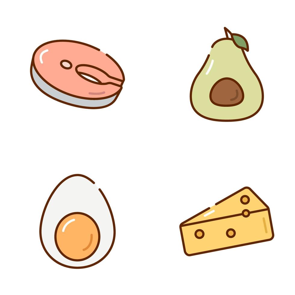 set pictogrammen gezonde voeding. schattige iconen van avocado, zalm steak, ei en kaas. vectorillustratie geïsoleerd op een witte achtergrond vector