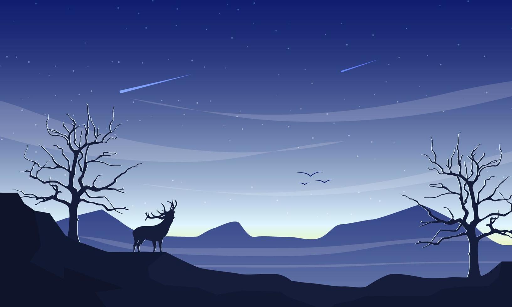 vlak ochtendsilhouetlandschap met bergen en elanden vector