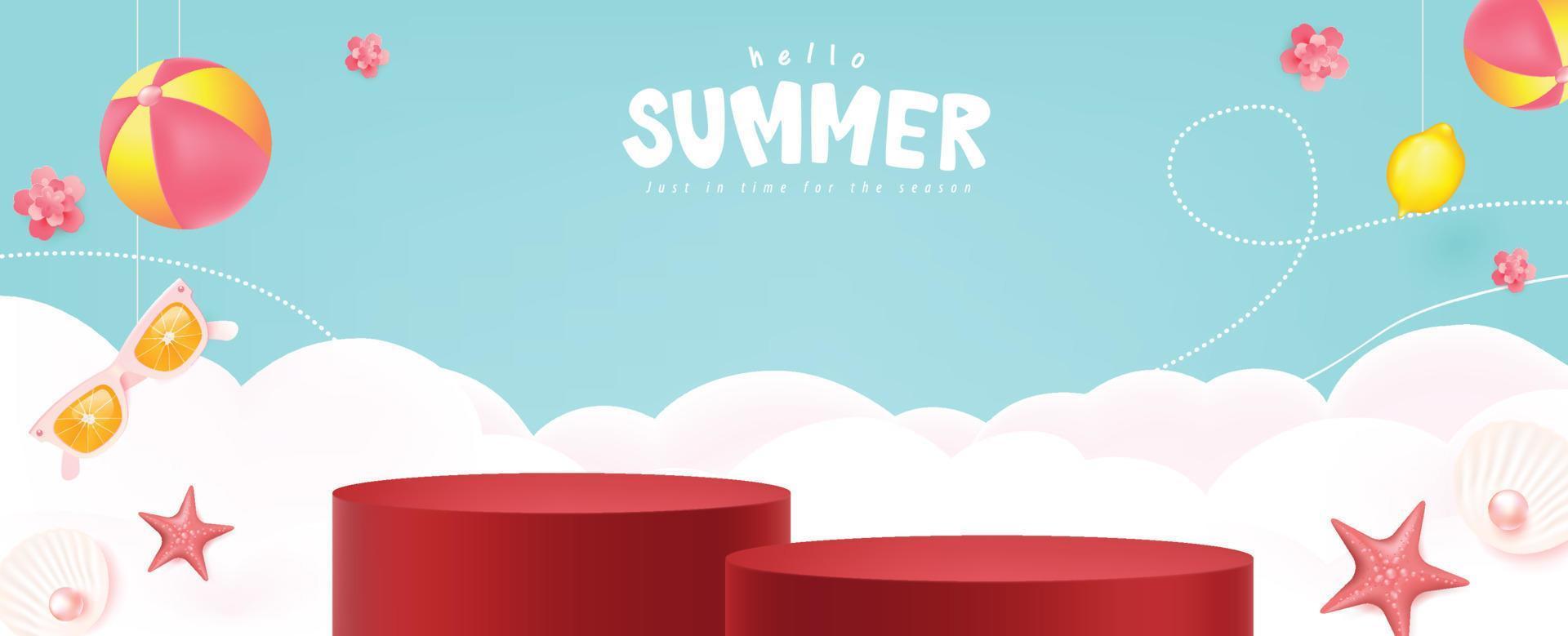 zomeruitverkoop banner met productvertoning cilindrische vorm vector