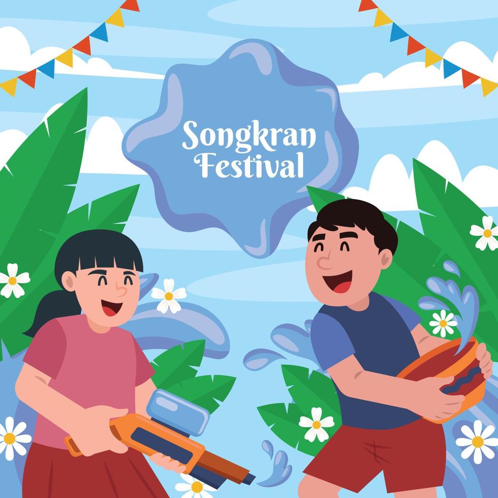 een jongen en een meisje die water spelen om het songkran-festival te vieren vector