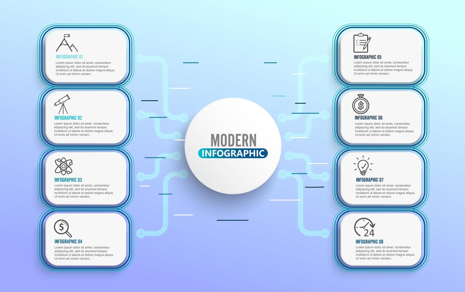 Neon Infographic-sjabloon met 3D-papieren labelcirkels en 8 opties vector