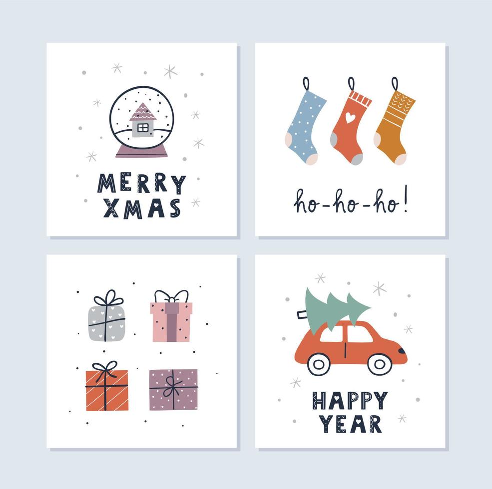 kerstmis en gelukkig nieuwjaar wenskaarten set. kerstsokken, geschenken, sneeuwbol. schattig eenvoudig ontwerp. vectorillustratie. vector