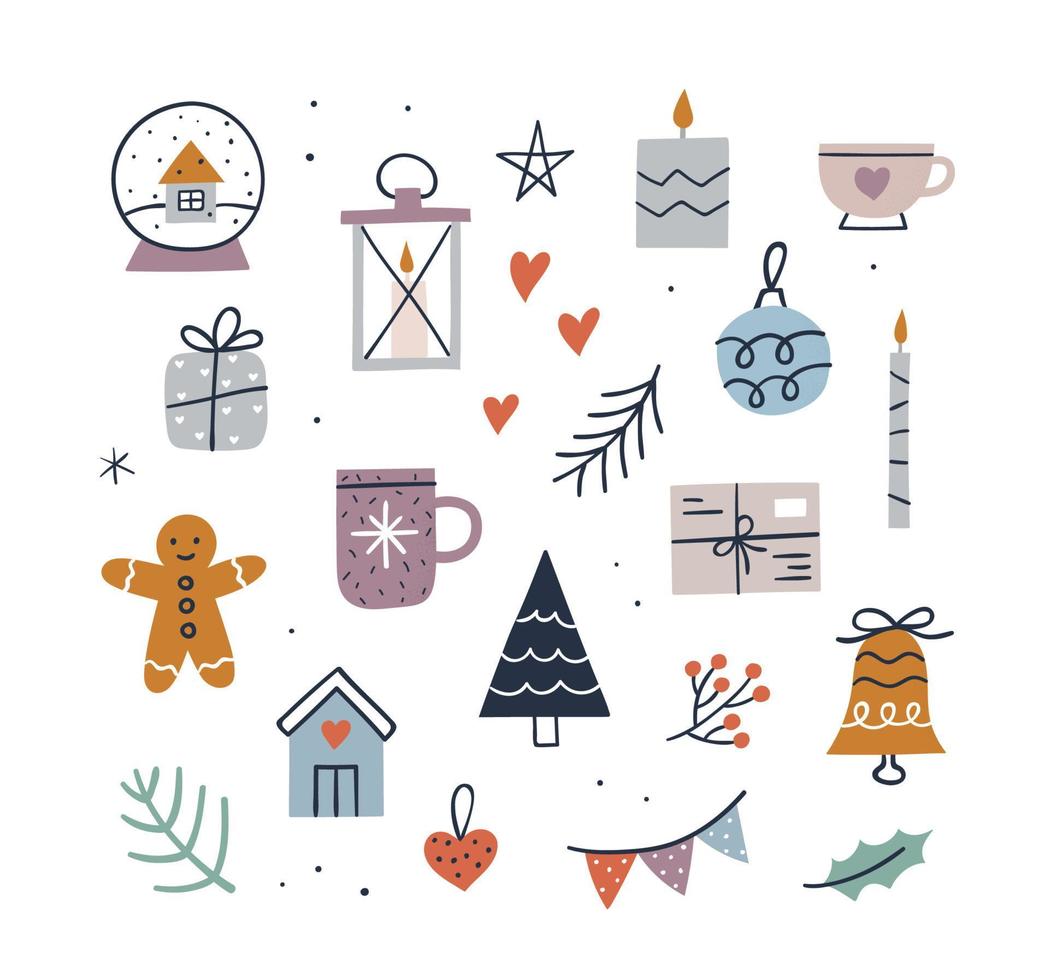 schattige hygge kerstset - mok, kaarsen, boom, cadeau, peperkoekman, sneeuwbol, klein huis, bel. hand getekende vectorillustratie. gezellige collectie winterelementen. vector