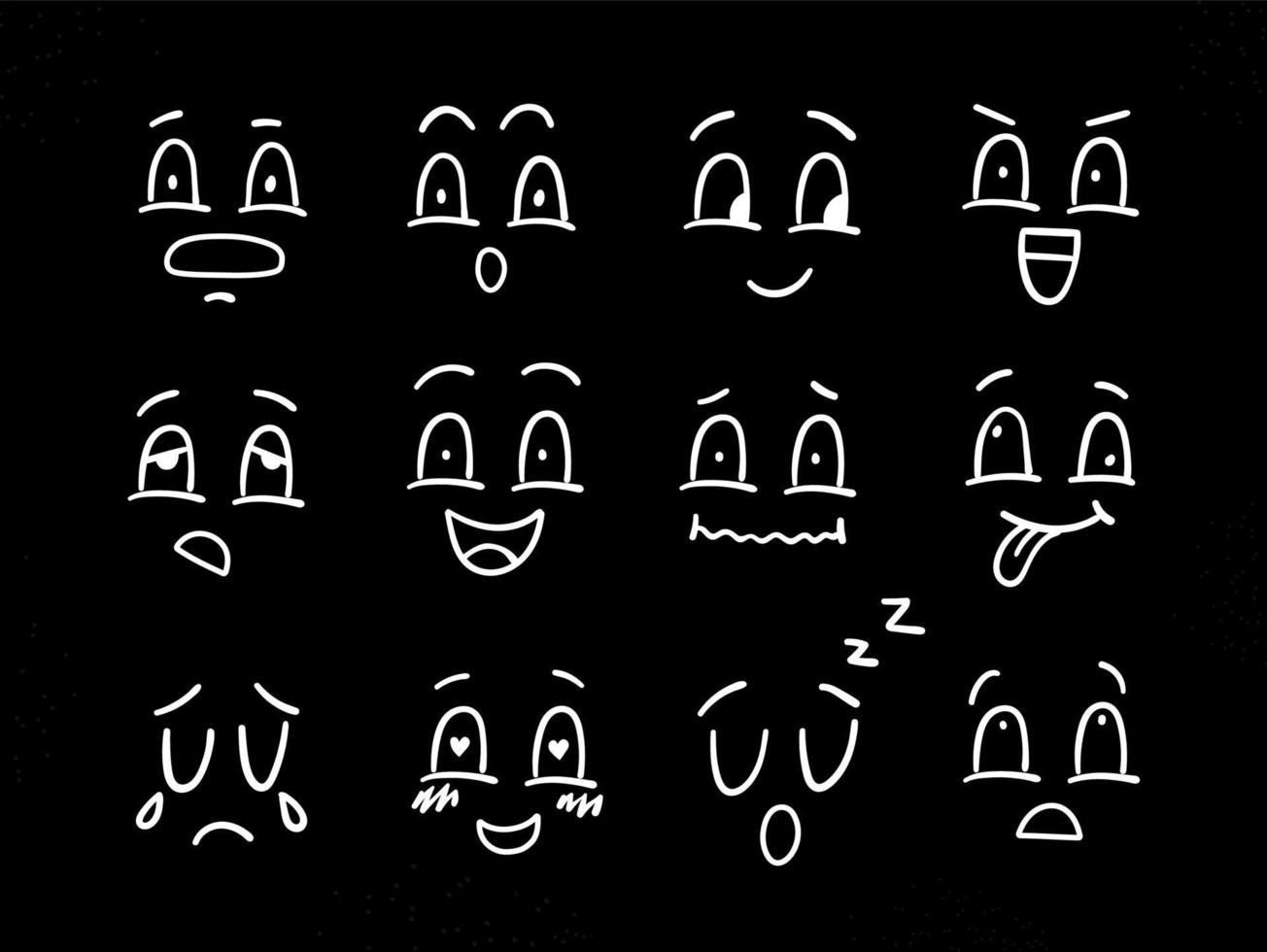 set doodle emoties. vector hand getekend gezicht collectie op zwarte achtergrond.