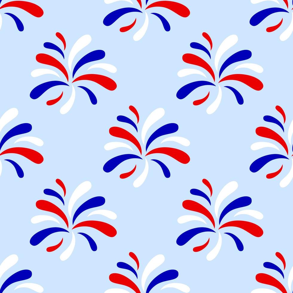 naadloos patriottisch patroon met vuurwerk. 4 juli, onafhankelijkheidsdag usa concept. rode, blauwe, witte kleuren. vectorachtergrond. als behang, inpakpapier, textiel, digitaal papier vector