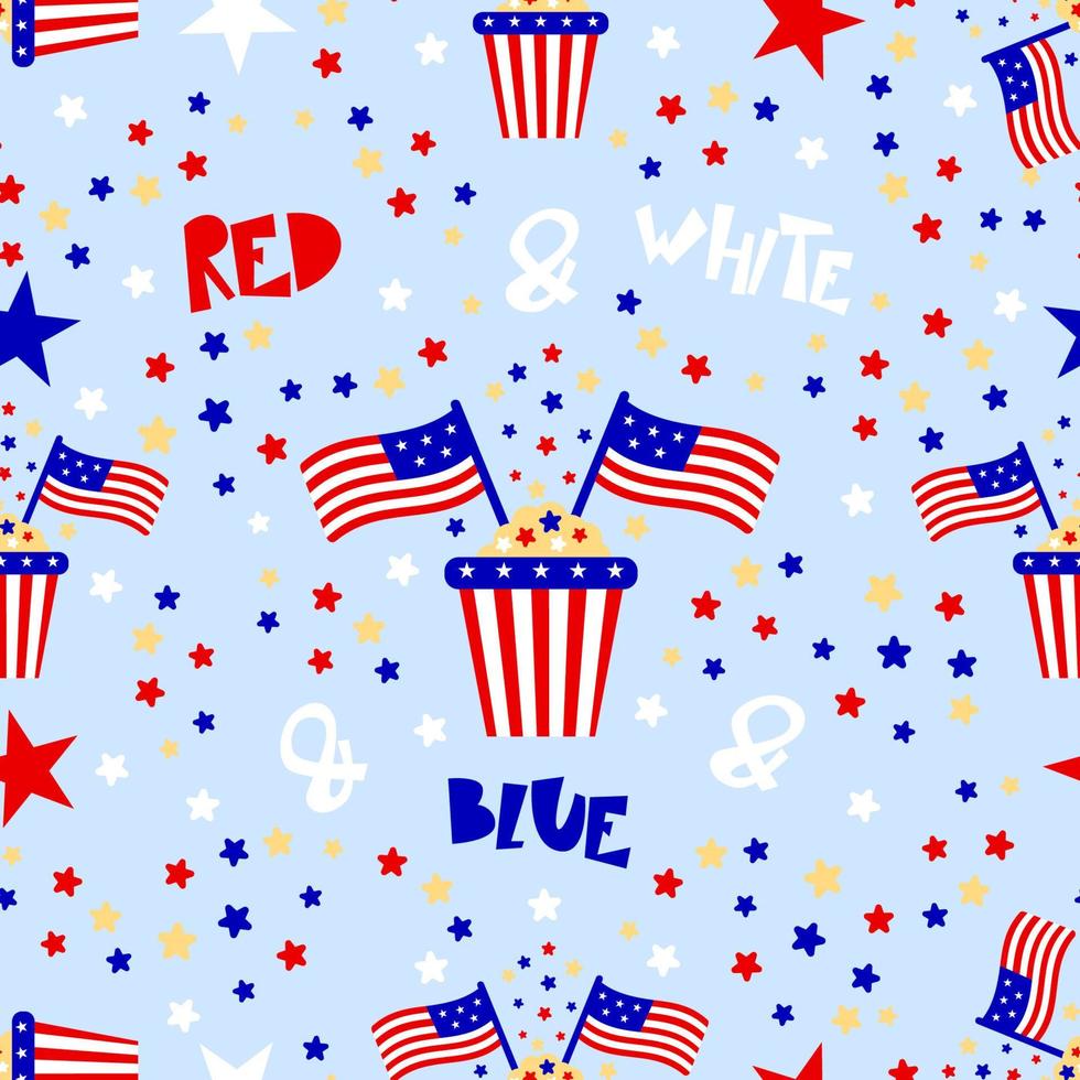 naadloos patroon met doos popcorn met Amerikaanse vlag. rood blauw wit. patriottische achtergrond. vector achtergrond voor inpakpapier, behang, stof kleding textiel. onafhankelijkheidsdag concept.