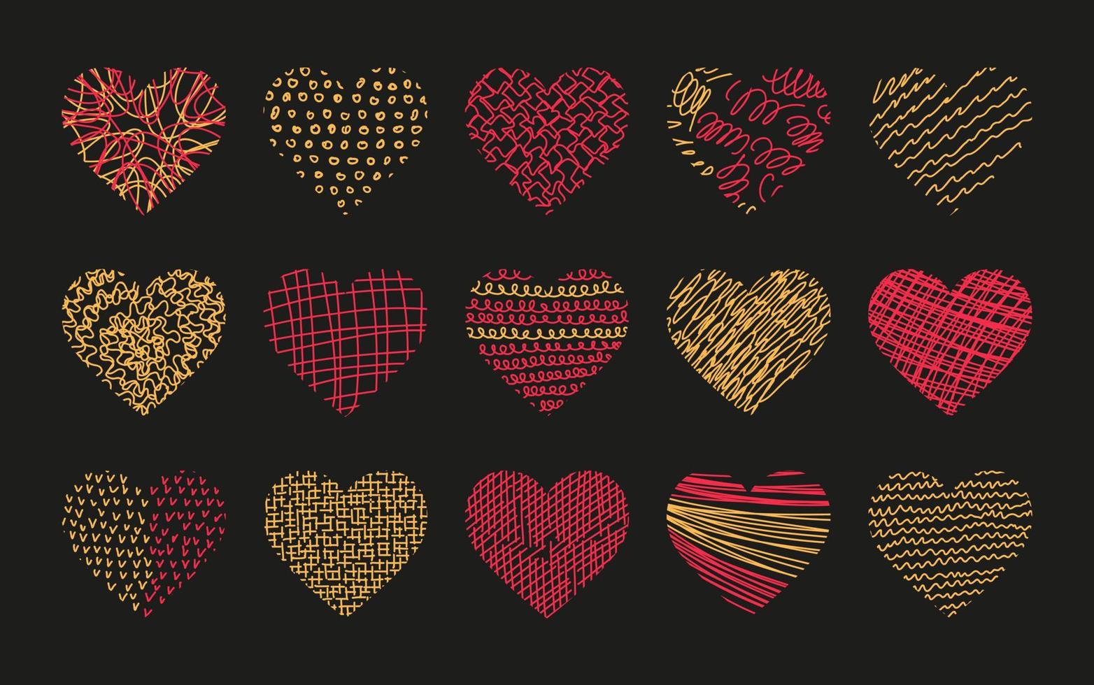 vector set van abstracte hartvormige achtergronden. moderne trendy Valentijnsdag illustratie. patronen van handgetekende bochten, lijnen. doodle pictogrammen instellen voor sociale netwerken, posters, ontwerpsjablonen