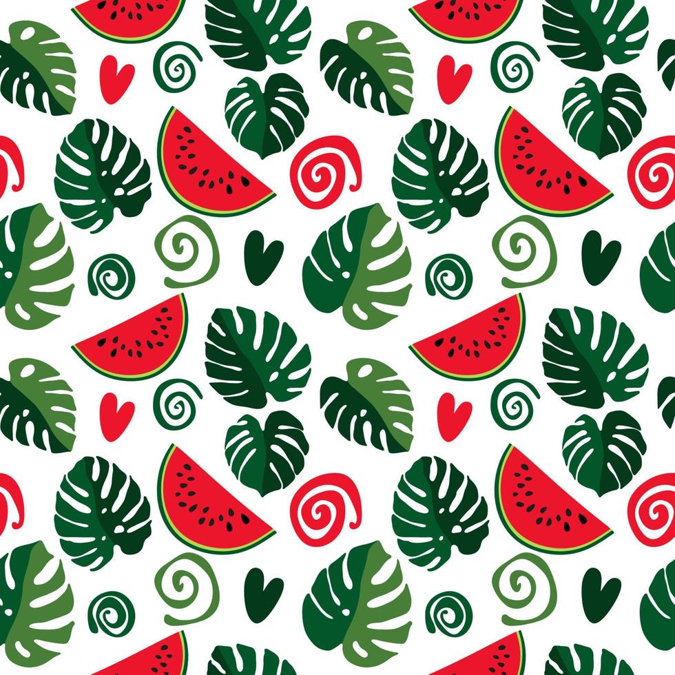 naadloze textuur van groene monsterabladeren en watermeloenplakken, gebladertepatroon, natuurlijke abstracte achtergrond vector