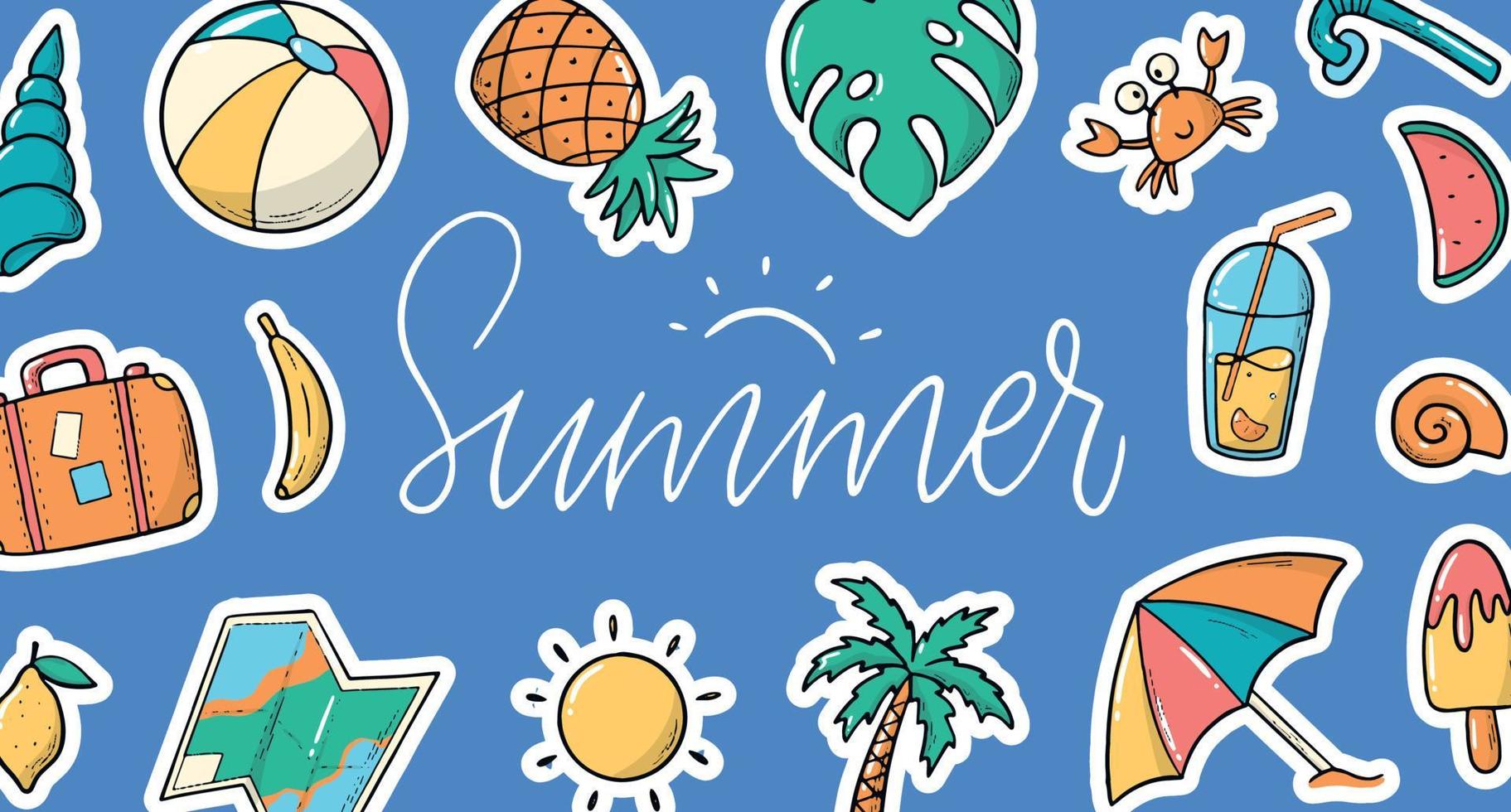 zomer horizontale banner versierd met belettering citaat en doodles op blauwe achtergrond. goed voor wenskaarten, prenten, uitnodigingen, promoties, etiketten, enz. eps 10 vector