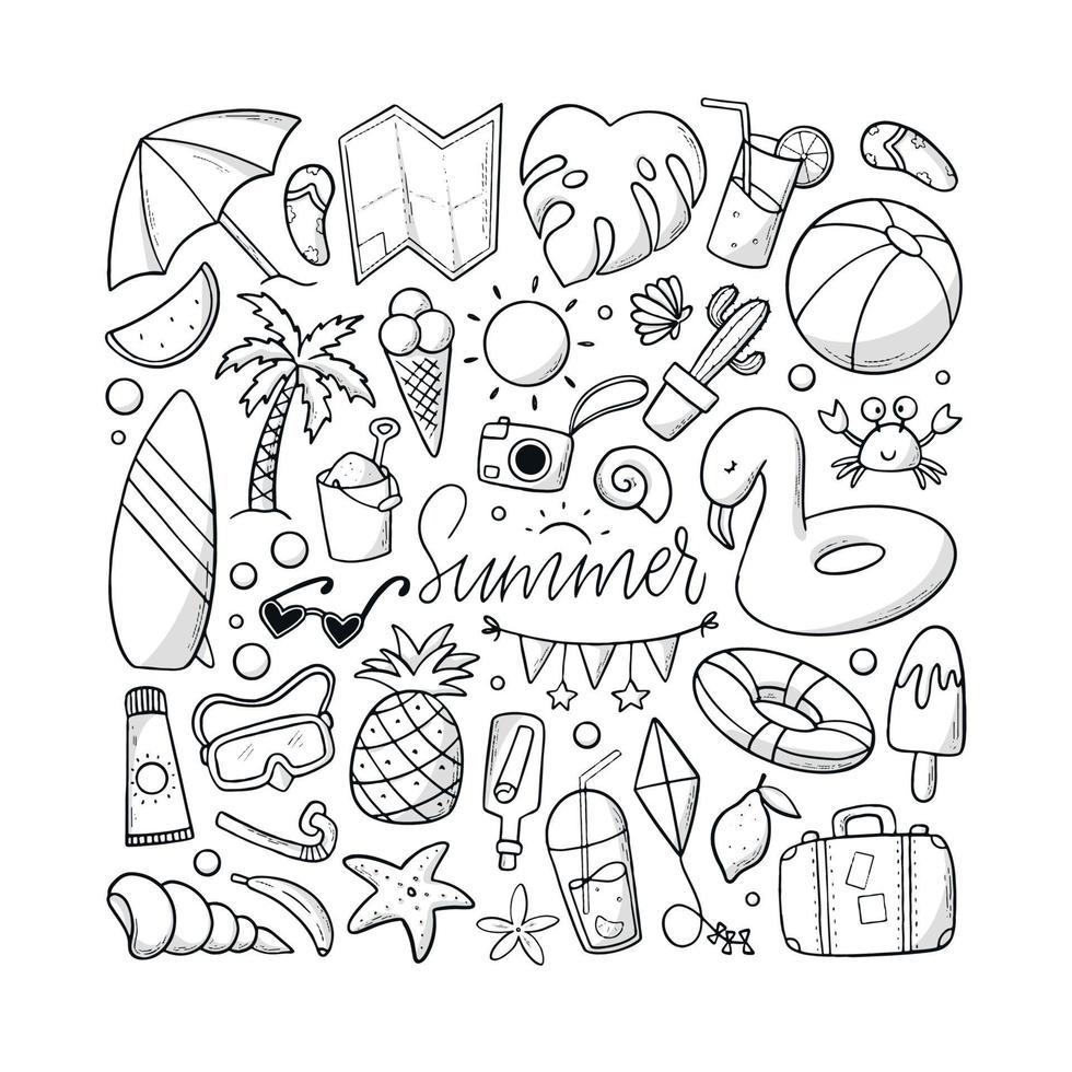 zomer doodles, illustraties geïsoleerd op een witte achtergrond. goed voor kinderen kleurplaten, scrapbooking, briefpapier, stickers, etiketten, kaarten, posters, enz. eps 10 vector