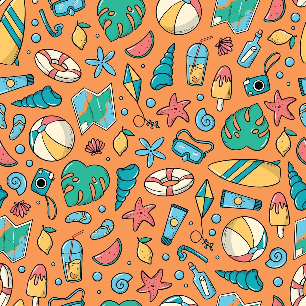 zomer naadloze patroon met hand getrokken doodles op oranje achtergrond. goed voor inpakpapier, scrapbooking, stationary, behang, kindertextielprints, verpakking, achtergronden, enz. eps 10 vector
