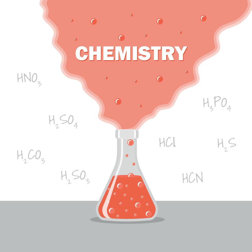 chemische laboratoriumkolf met vloeistof en bellenreactie in kolf vector