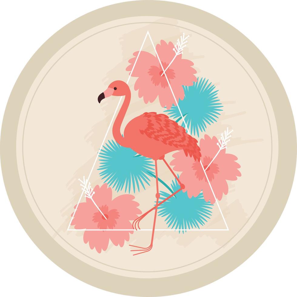 sticker roze flamingo op een lichte achtergrond in palmbladeren en hibiscus bloemen vector