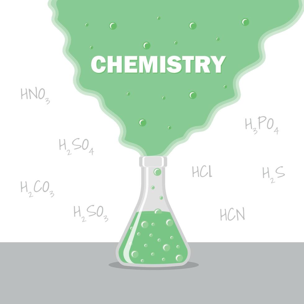 chemische laboratoriumkolf met vloeistof en bellenreactie in kolf vector