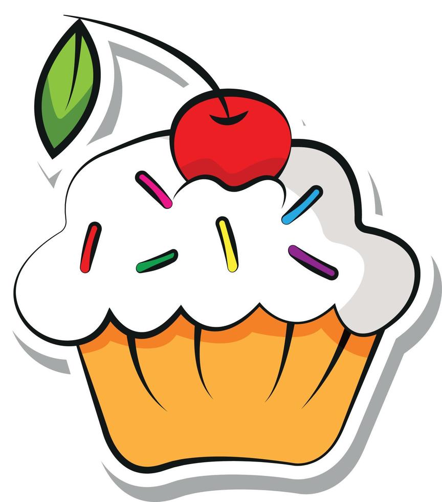 sticker kleurrijke muffin met room en kers vector