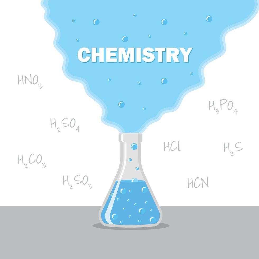 chemische laboratoriumkolf met vloeistof en bellenreactie in kolf vector