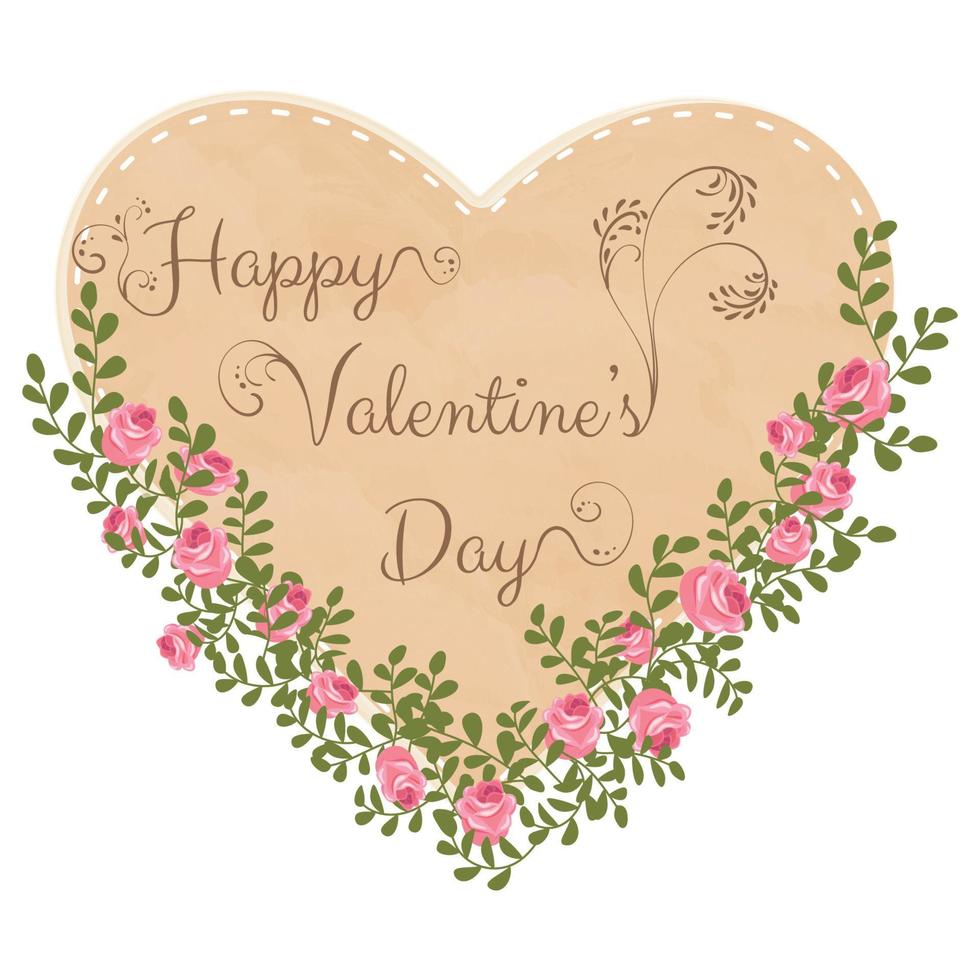 vintage valentijn voor Valentijnsdag hart verstrengeld met bladeren en rozen vector