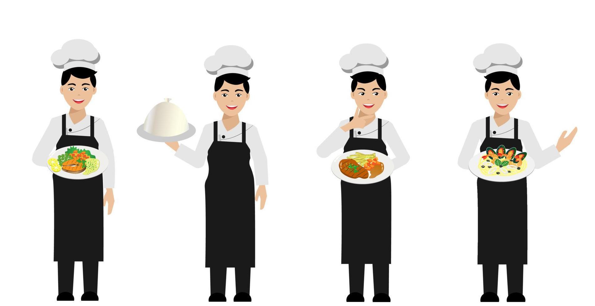 chef-kok man in verschillende pose met voedsel bord. vector