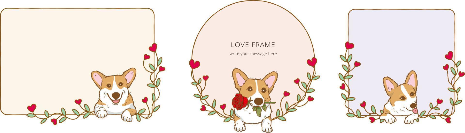 frame met cartoon corgi hond met rode roos bloem in de mond, mooie hond verliefd op Valentijnsdag geeft cadeau illustratie frame vector