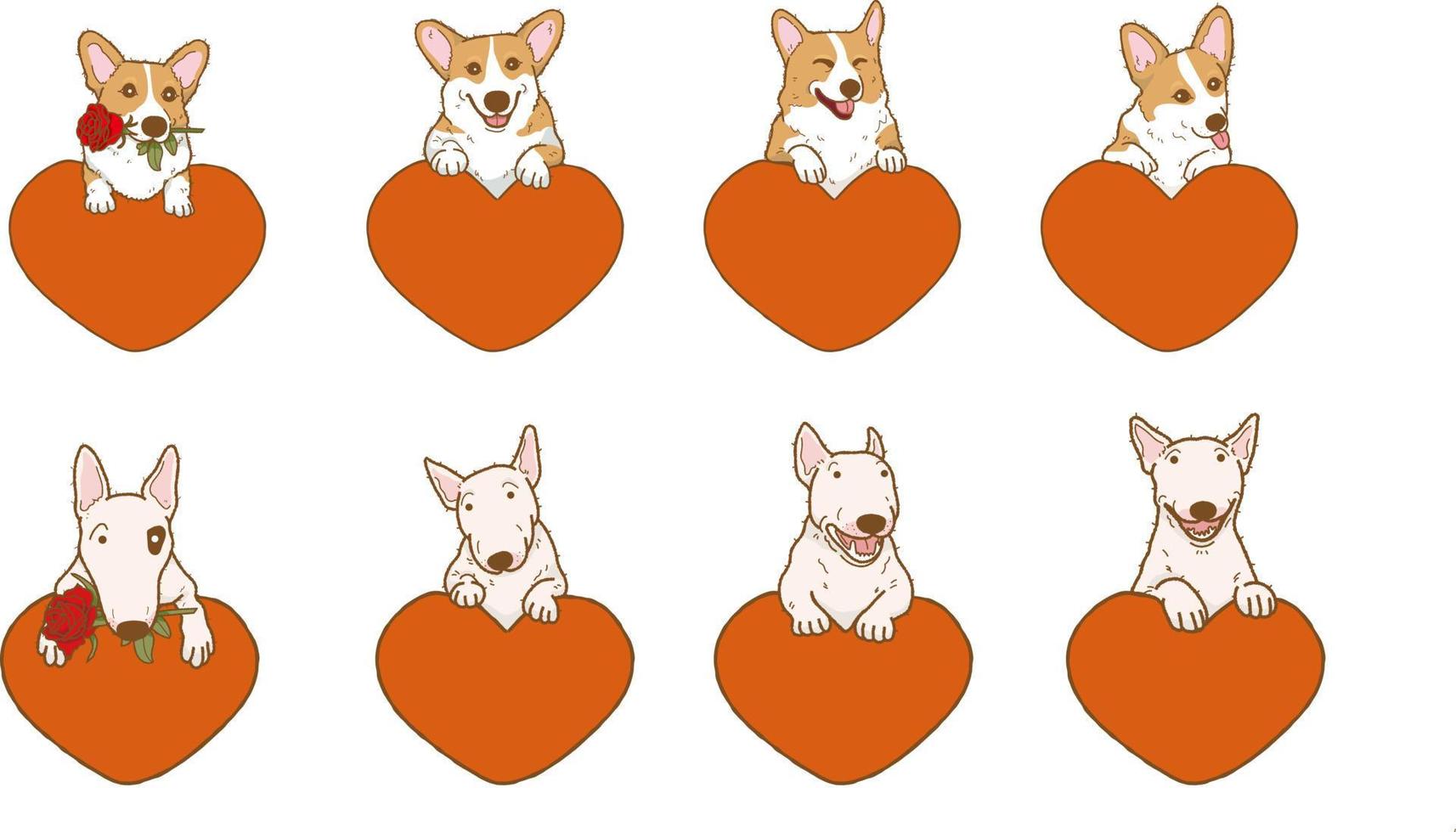 cartoon corgi hond bull terrier hond met rode roos bloem met hart mooie hond verliefd op Valentijnsdag vector