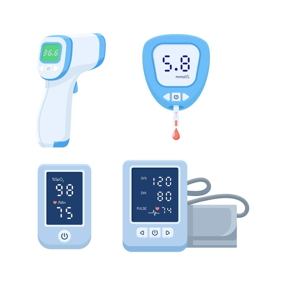 medische apparaat pictogramserie. tonometer, glucometer bloedglucosemeter, pulsoximeter, thermometer. vector illustratie collectie geïsoleerd witte achtergrond. apparatuur voor de gezondheidszorg